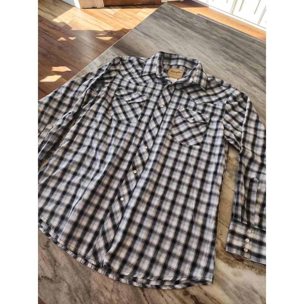 Wrangler Western Shirt Mens Large Black Blue Plaid Pearl Snap Long Sleeve Yoke